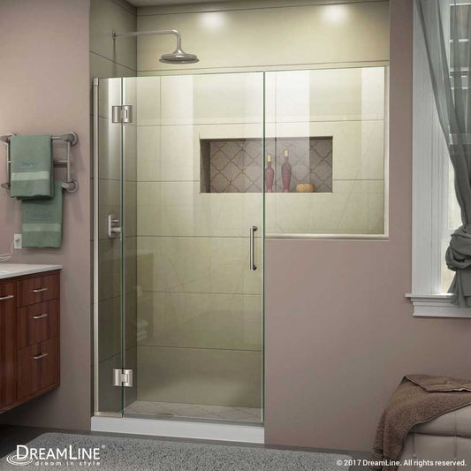 Unidoor-X 58-58 1/2 in. W x 72 in. H Frameless Hinged Shower Door in Brushed Nickel