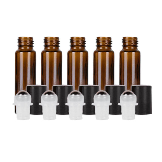 10 ml Amber Glass Roller Bottles (Flat of 150) Glass Roller Bottles Your Oil Tools Black Stainless